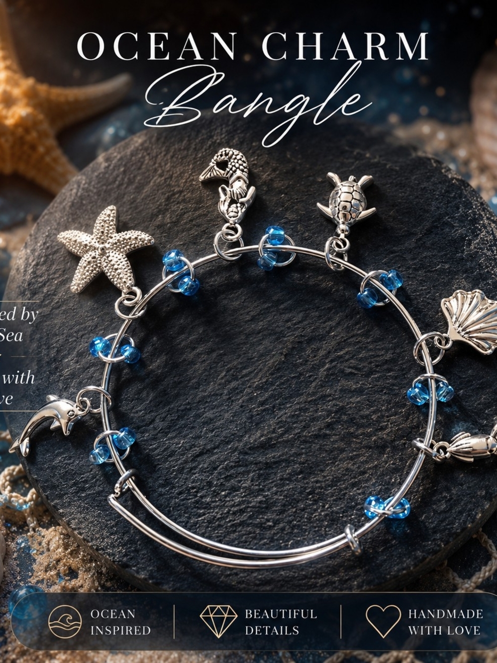 Handmade Silver Ocean Charm Bangle with Blue Beads